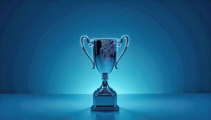 Trendy neo futurism 2025 ai design rendering: A futuristic trophy glows with blue light, showcasing intricate circuit patterns etched into its surface against a dark blue backdrop.