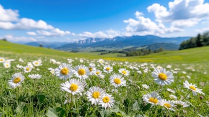 A field of daisies blankets a sunny meadow. The daisies are in sharp focus, contrasting with a softly blurred mountain range in the background. The image is high-resolution, well-lit by natural sunl