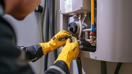 Water heater repair service professional plumber fixing residential hot water tank system maintenance