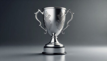 Trendy neo futurism 2025 ai design rendering: A gleaming silver trophy with ornate detailing stands prominently against a dark grey background, symbolizing achievement and victory.