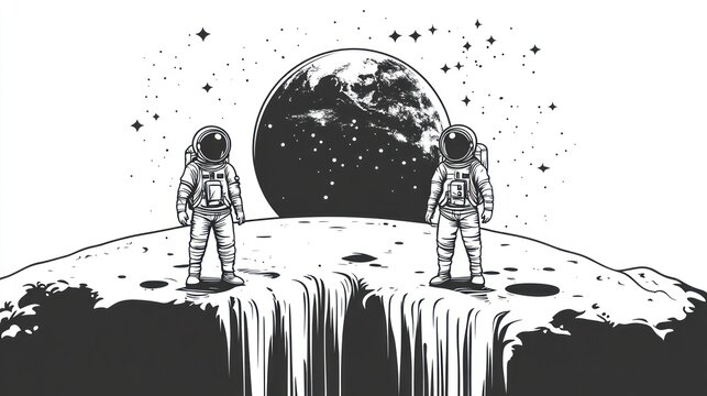 Astronauts on moon, waterfall, space, exploration, graphic art, visual