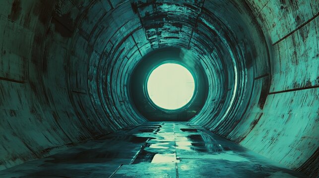 Fototapeta View down a teal metal tunnel with a bright light at the end and a wet floor in the foreground