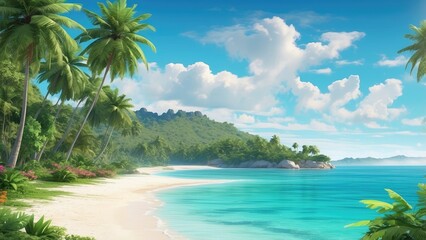 A serene beach scene with white sand, gentle waves