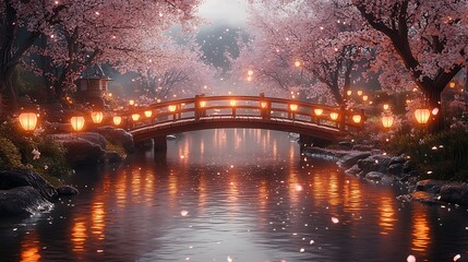 A cozy wooden bridge over a still river, glowing paper lanterns lining the edges, cherry blossoms gently falling into the water,