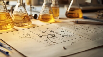 Science journal on a lab table with graphs, hand-drawn illustrations, and molecular notes