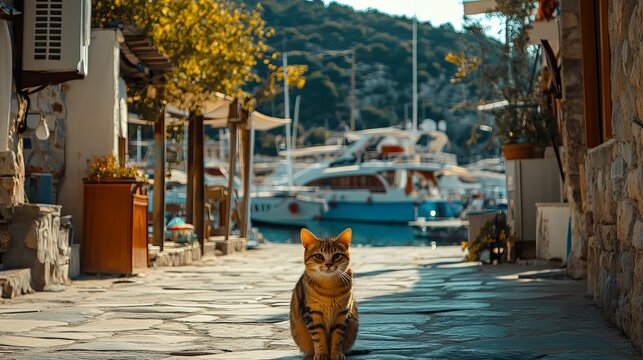 Tabby cat sitting on street in kas turkey with boats and marina in background travel destination photo