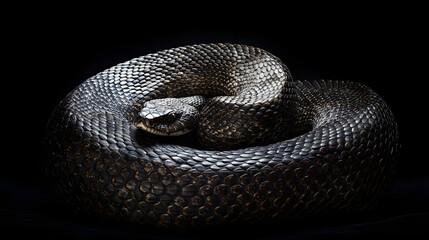 Obraz premium Coiled serpent against a dark backdrop. The snake's scales glisten, adding texture to the sleek and dangerous creature, creating a captivating visual.