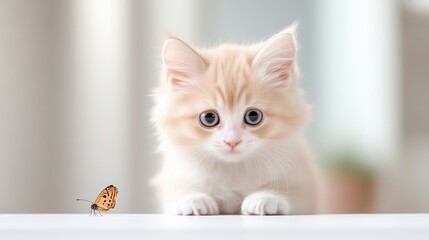 A fluffy cream-colored kitten with bright blue eyes sits center frame. A small butterfly is to its left. The image is high-resolution with soft, natural lighting. The style is sweet and endearing. Wa