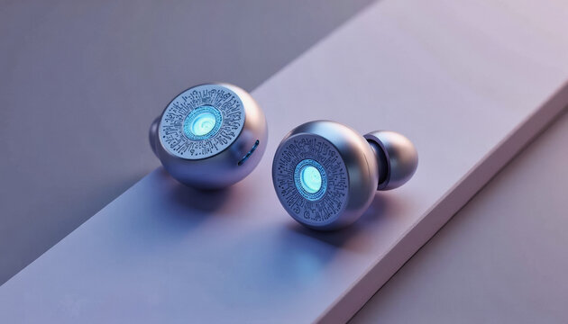Trendy neo futurism 2025 ai design rendering: Two stylish, futuristic-looking earbuds with glowing blue accents rest on a reflective surface, showcasing a unique, patterned design.
