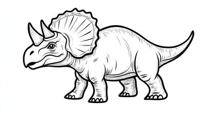 Monochrome Triceratops Illustration, Side View, Against White Background, For Coloring Book or Print