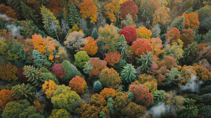 Fototapeta premium Aerial View of a Vibrant Autumn Forest with a Rich Palette of Fall Colors