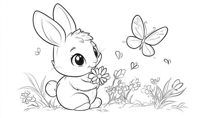 Cute cartoon bunny with flower and butterfly. Coloring page