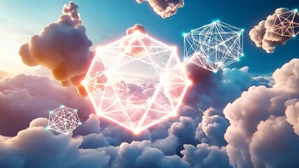 Abstract digital art featuring geometric shapes and glowing connections amidst a vibrant cloudscape - Powered by Adobe