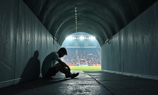 American Football Player Sitting Alone in a Stadium Tunnel, Tossing Away His Helmet. Background with a Crowded Stadium with Sports Fans. Footballer is Emotional Devastated After Championship Game


