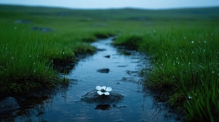 Gentle stream flowing through a grassy meadow, with a single white flower resting on a rock
