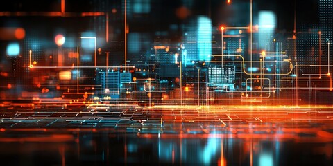 Fototapeta premium A futuristic digital cityscape illuminated with vibrant neon colors and intricate circuitry patterns.