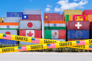 USA Tariffs Tape inf front of containers (Collage)