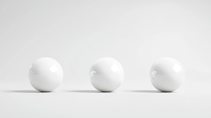 Three smooth, white spheres are arranged in a row against a stark white background. The image is simple and minimalist. The lighting is even, creating soft shadows. The style is clean and modern.