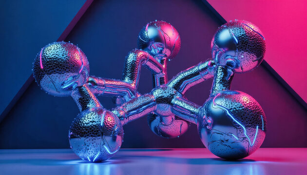 Trendy neo futurism 2025 ai design rendering: A futuristic, metallic sculpture of a molecule with spherical nodes and connecting pipes glows with vibrant blue and magenta light against a triangular 