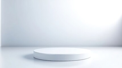White Circular Platform Minimalist Studio Style High-resolution Lighting, Overhead Centered Shot, Smooth Matte Finish, Display Product Presentation, Bright Clean Aesthetic, Perfect for Mockups