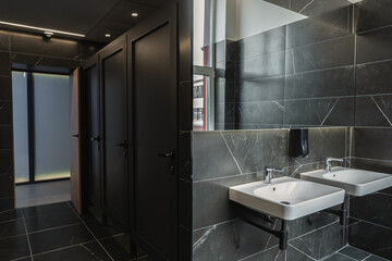 Modern Toilet With Two Sinks and Mirror
