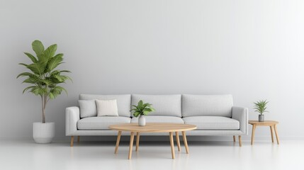 A light grey sofa sits centrally in a minimalist room. A low wooden coffee table and smaller side table are placed in front. Plants add a touch of green. The image is clean and bright, digitally ren