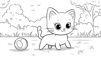 Cute cartoon kitten playing in park. Coloring page