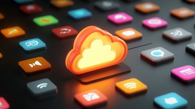 A digital service or data application concept with a glowing digital cloud icon surrounded by social symbols on a dark background

