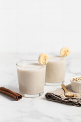 Banana Smoothie with Oats, Healthy Food, Vegan or Vegetarian Diet Food Concept