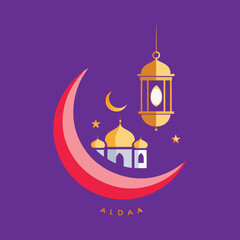Elegant Eid al-Adha Crescent Moon & Lanterns Set – Islamic Festive Icons & Mosque Silhouettes