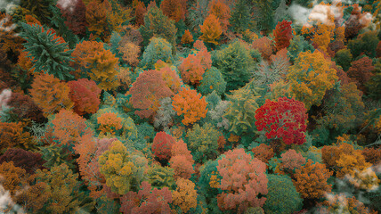 Aerial View of a Vibrant Autumn Forest with a Rich Palette of Fall Colors