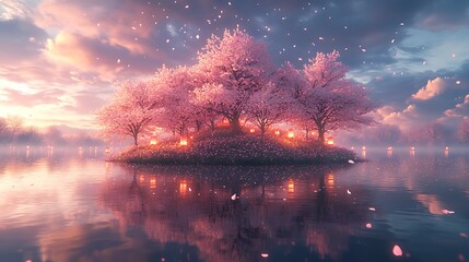 A dreamy floating island covered in cherry blossom trees, petals drifting in slow motion under a twilight sky, glowing lanterns in the distance,