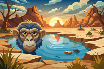 monkey portrait with lake in a desert valley landscape, funny portrait monkey banner