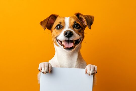 Isolated doggy on a solid apparel bright orange background. Dog ad for product. Advertising face shot. &ETH;&iexcl;ute dog jack russell terrier hold in front paws a prototype - large blue way sign.