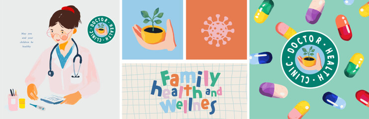 Family medicine, health and pediatrician. Vector cute children watercolor illustration of good doctor, logo, hand with leaflet, virus, pill pattern for poster, background or brochure