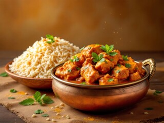 A Feast for the Senses: Rich Indian Curry Platter in Traditional Copper Bowls