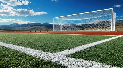 Fototapeta premium Sports field with soccer goalpost, cones, and track lines freshly painted under a blue sky
