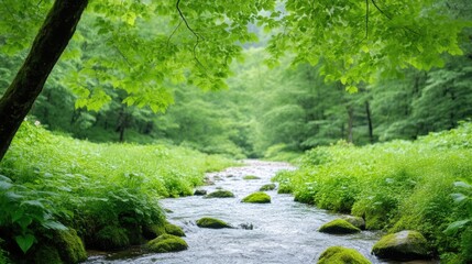 Naklejka premium A tranquil stream flows through a lush green forest. The water is clear and calm, flowing over smooth rocks. Lush vegetation lines the banks. The image is high-resolution and features natural lighti