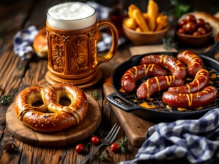Festive Feast: German Oktoberfest Delights with Pretzels, Bratwurst, and Beer