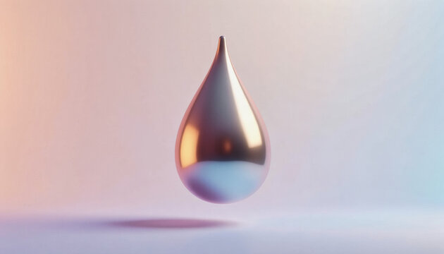 Trendy neo futurism 2025 ai design rendering: A metallic teardrop shape reflects a gradient of pink and purple hues against a soft, blurred background.