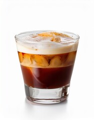 Iced coffee in glass with foam and ice cubes on white background