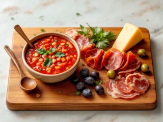 Mediterranean Delight: Authentic Spanish Tapas Selection on a Rustic Wooden Board