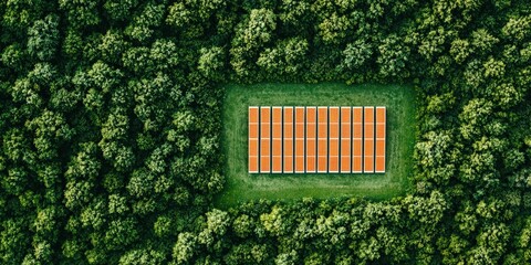 Electricity production and transmission. Aerial view of a structured layout surrounded by dense foliage.