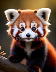 Adorable red panda cub with fluffy fur sitting on a branch in sunlight