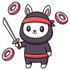 Cartoon Rabbit Ninja with Sword and Donuts Against Transparent Background