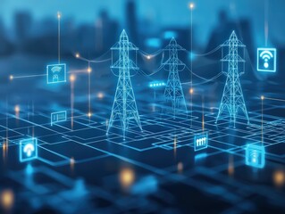 Electricity production and transmission. Futuristic power grid with digital elements and connectivity symbols in a blue-toned environment.