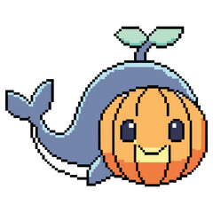 Pixel Art Blue Whale with Pumpkin Body and Leaves on Top, Transparent