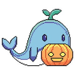 Pixel Art Blue Whale Embracing Halloween Pumpkin with Transparent Background