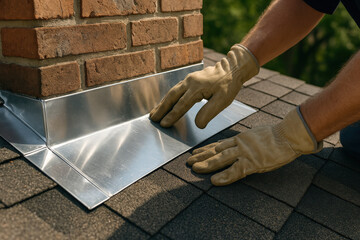 Roofer installing metal flashing around brick chimney on shingle roof

