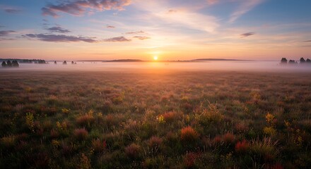 Sunrise Serenity: Misty Field at Dawn AI Generated